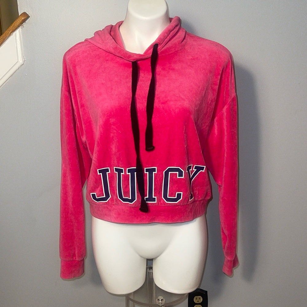 Juicy Couture ladies XS pink velour track hoodie with navy blue accents.